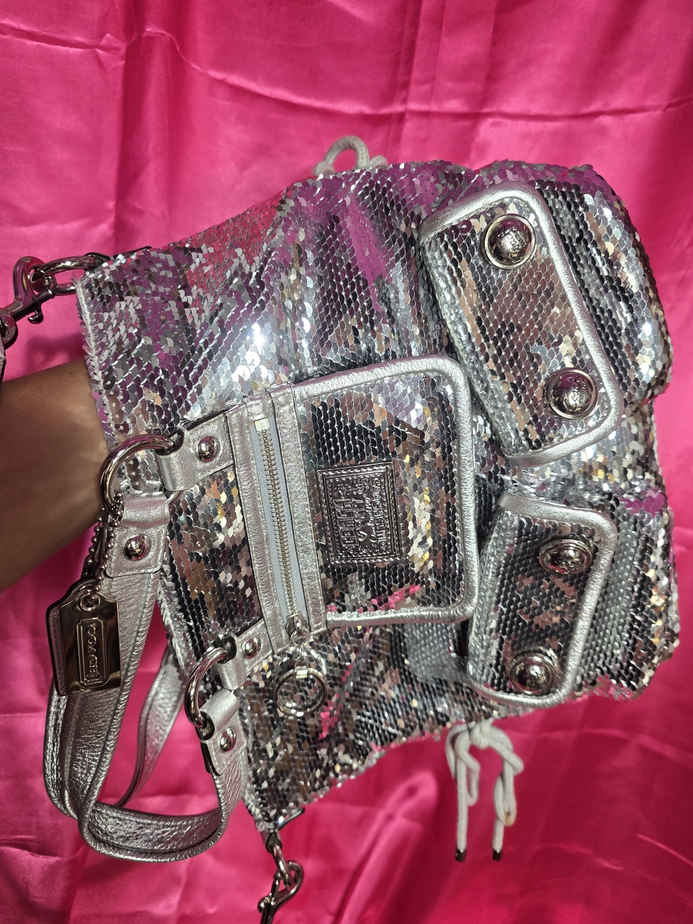 Coach Silver Sequin Shoulder Bag with Metallic Trim Spotlight Poppy Y2k - Picture 5 of 16
